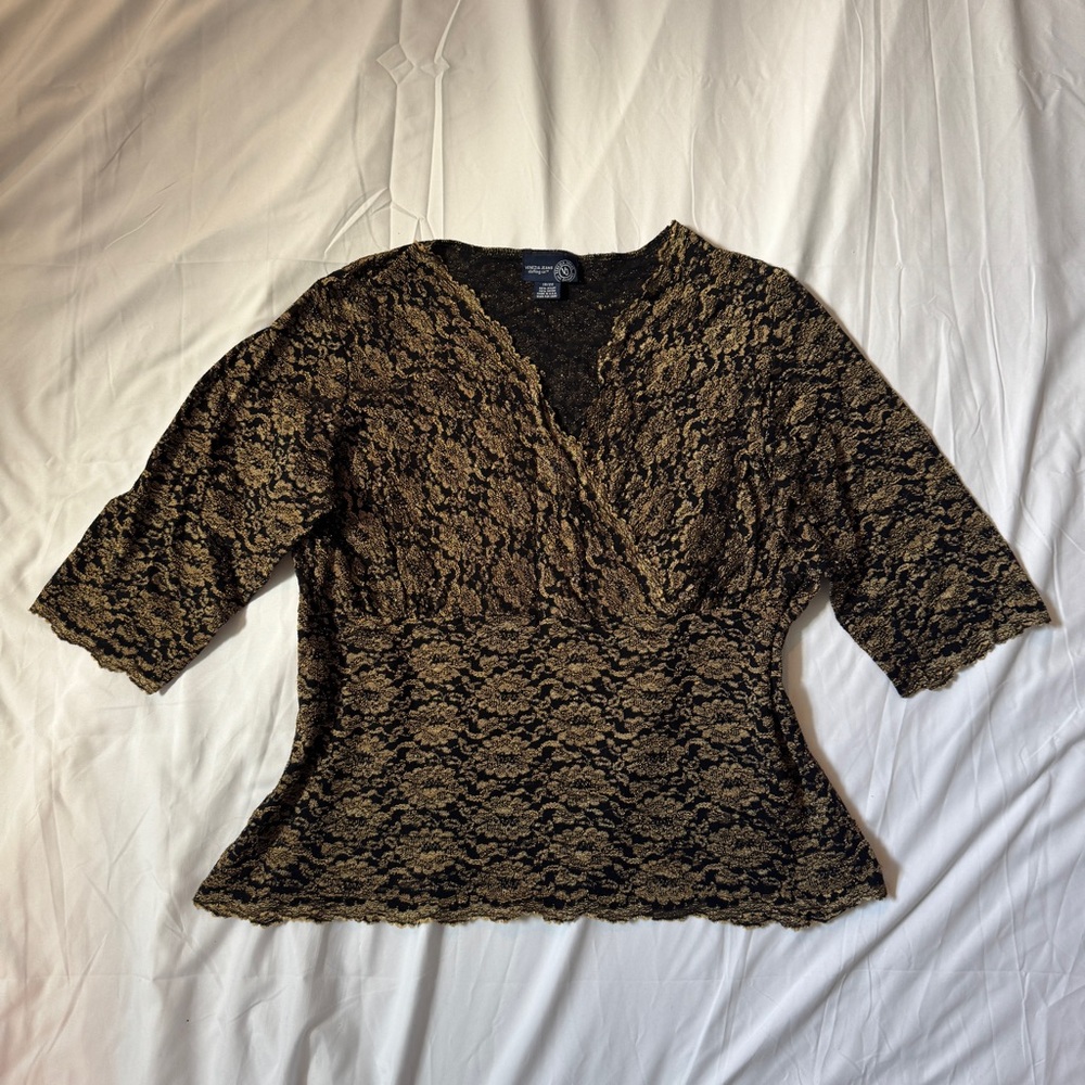 VTG 90s Venezia Black and Gold Lace Blouse with 3/4 Sleeves, Fairy Gothic Charm - Picture 2 of 8